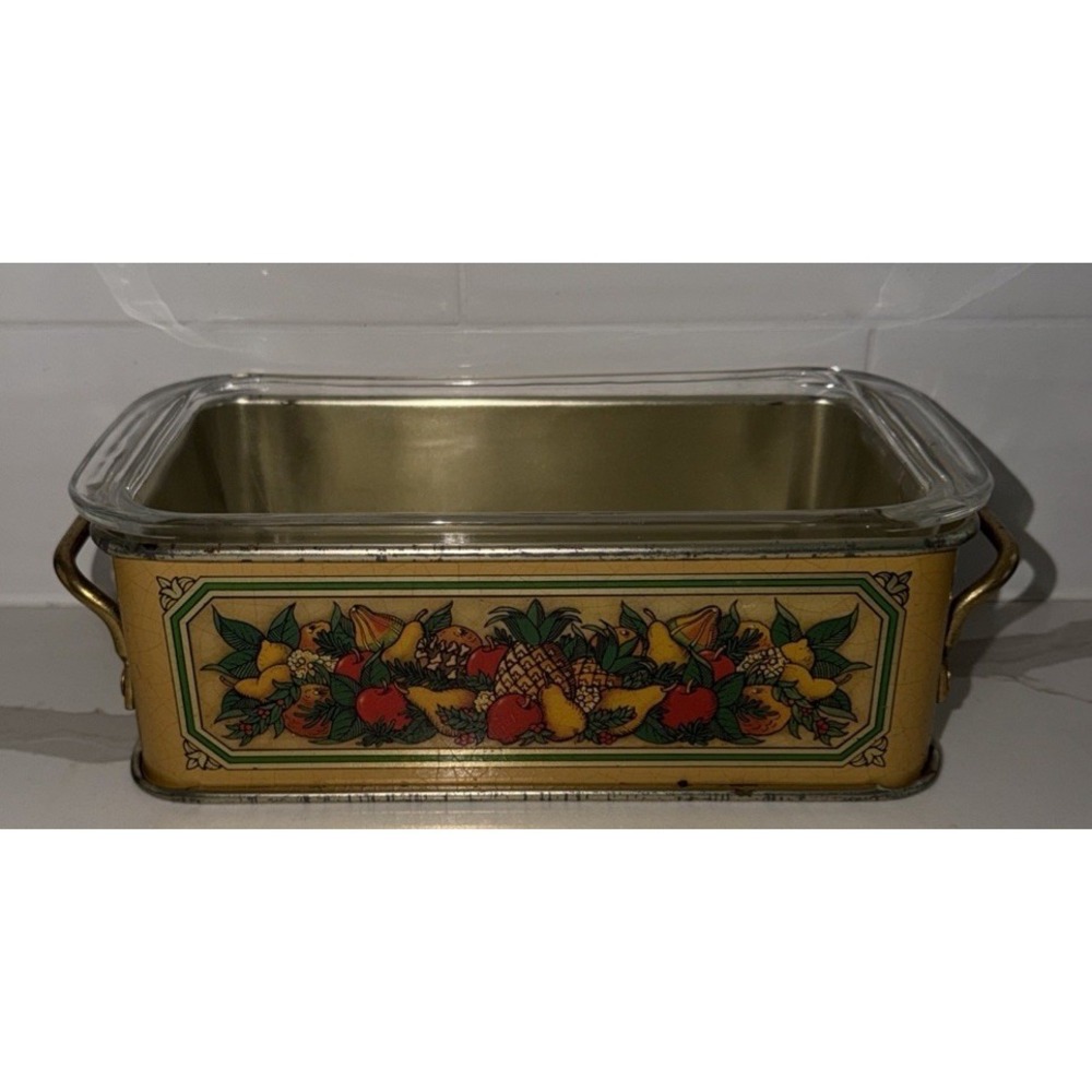 Vintage PYREX Glass Loaf Pan With Metal 1981 Teleflora Serving Rack Tray England